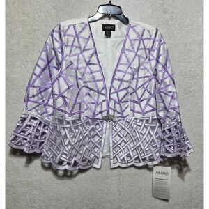 Ashro Women's White Purple Geometric Embroidered Brooch Jacket Size 12 NEW